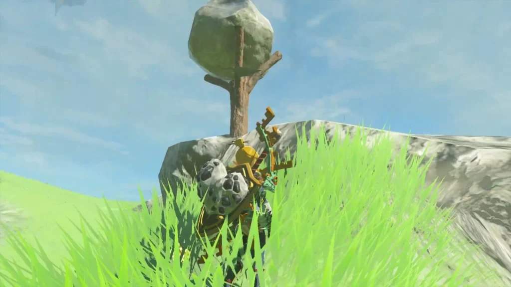 Boulder resting on a tree-stump stand on a grassy hill Boulder resting on a tree-stump stand on a grassy hill
