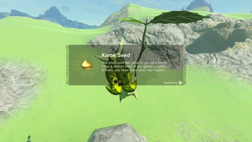 Korok Seed item box beside a Korok holding a leaf on the hillside Korok Seed item box beside a Korok holding a leaf on the hillside