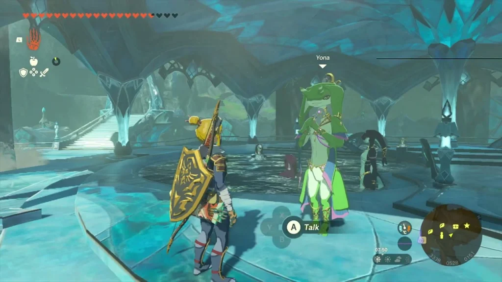 Central plaza of Zora's Domain with blue pillars around the sludge-covered statue Central plaza of Zora's Domain with blue pillars around the sludge-covered statue