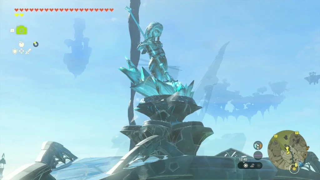 Statue on a sky island above Mipha's Court with floating rocks behind Statue on a sky island above Mipha's Court with floating rocks behind