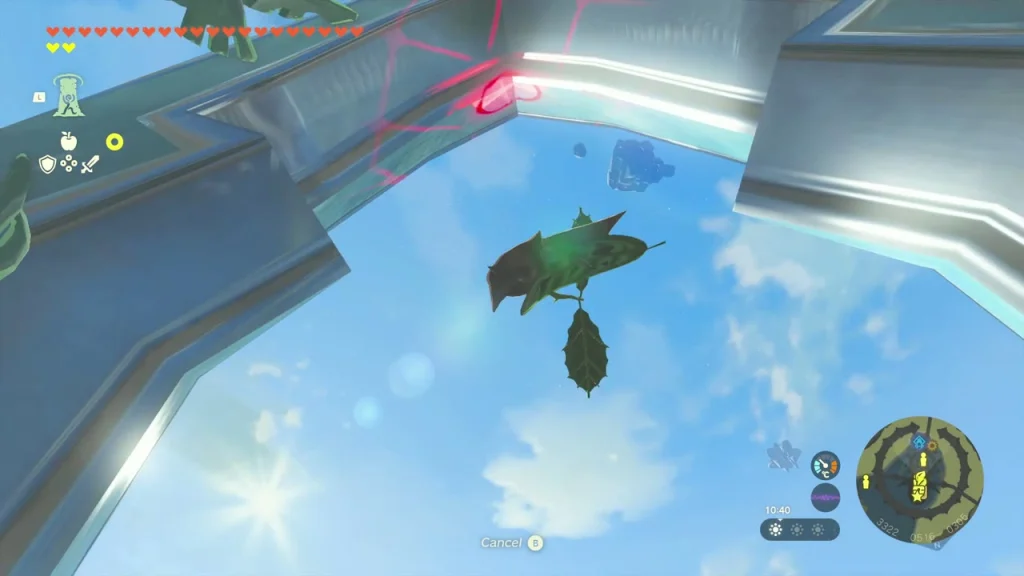 Leaf-propeller Korok drifting in the sky above the plaza ledge Leaf-propeller Korok drifting in the sky above the plaza ledge