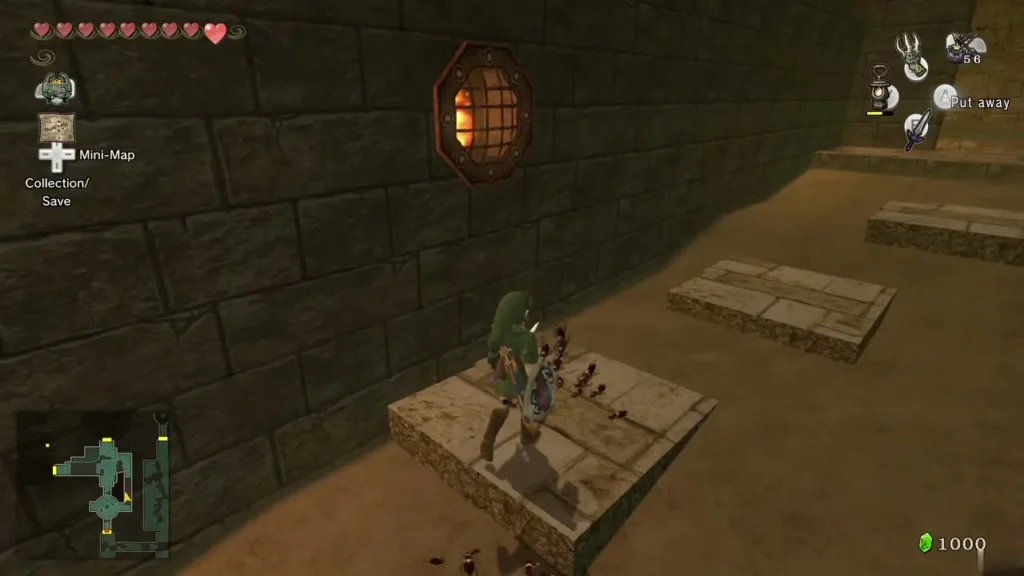Link standing on a stone platform over the sand in Arbiter's Grounds Link standing on a stone platform over the sand in Arbiter's Grounds