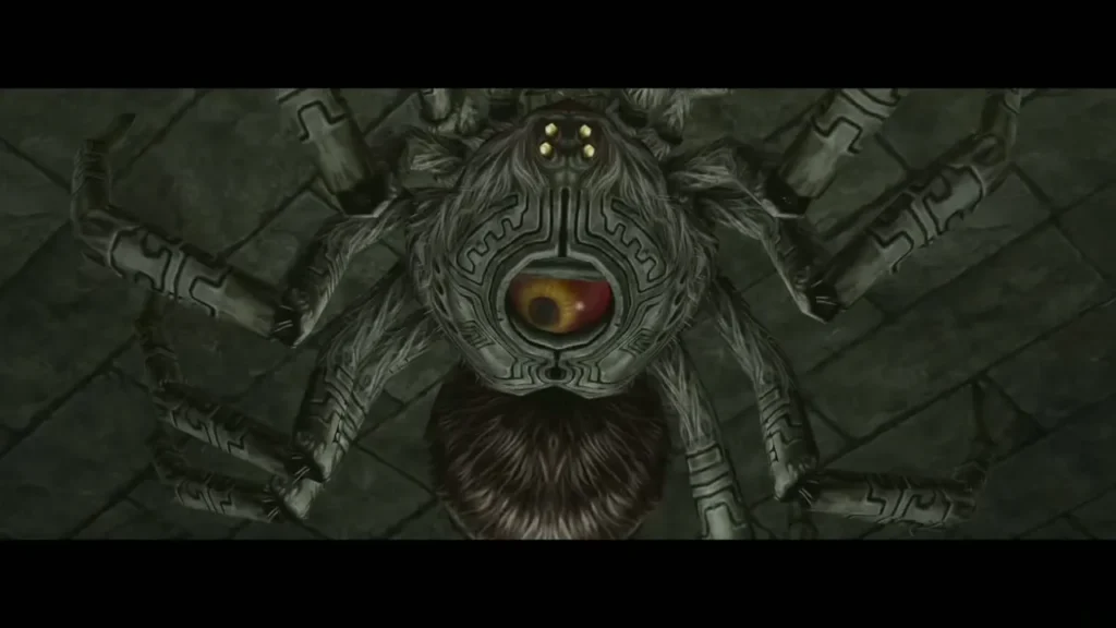 Armogohma's armored body with its eye open above the arena Armogohma's armored body with its eye open above the arena