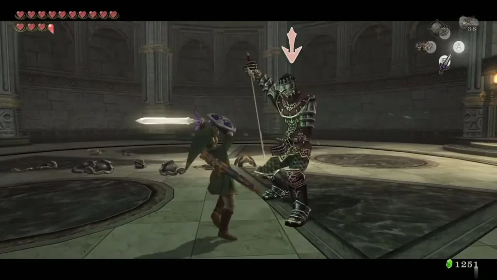 Link fighting the armorless Darknut in the Temple of Time room Link fighting the armorless Darknut in the Temple of Time room