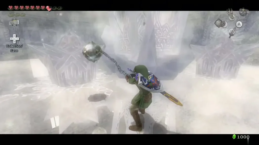 Link swinging the Ball and Chain near ice pillars in the frozen bedroom Link swinging the Ball and Chain near ice pillars in the frozen bedroom