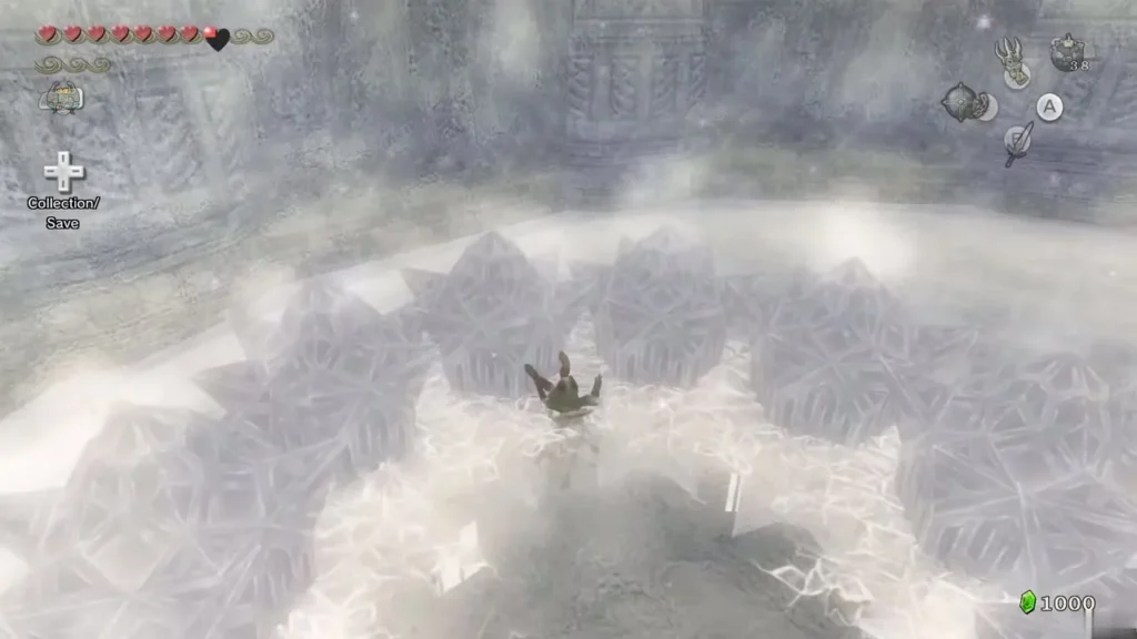 Link standing in the middle of a ring of Blizzeta ice spikes Link standing in the middle of a ring of Blizzeta ice spikes