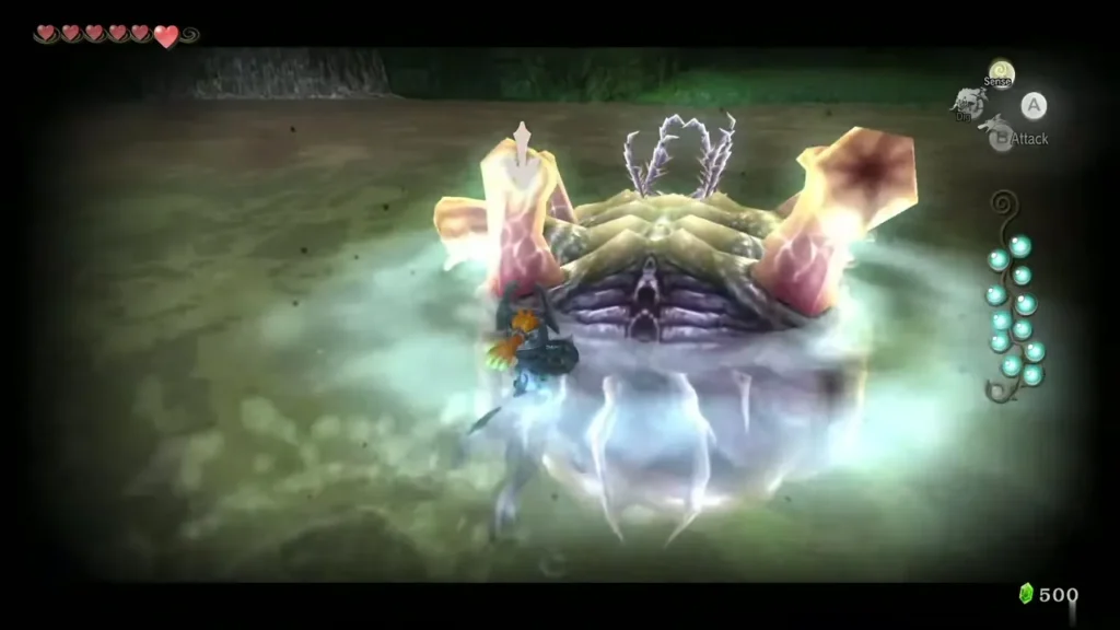 Wolf Link biting the Twilit Bloat's abdomen while it is lowered Wolf Link biting the Twilit Bloat's abdomen while it is lowered