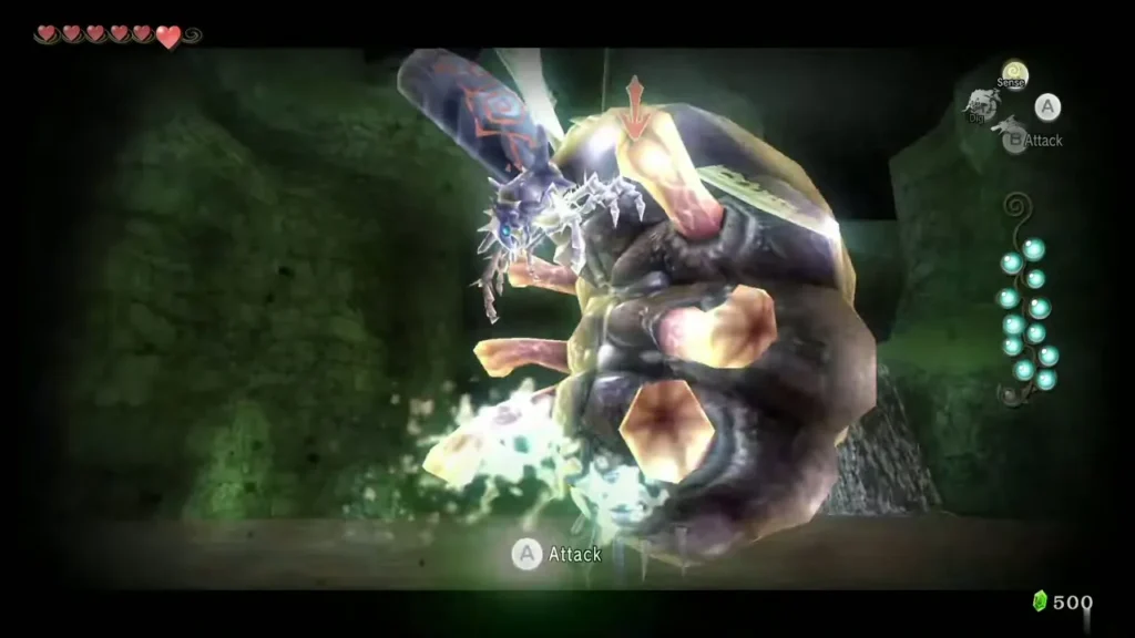 Wolf Link attacking the Twilit Bloat's exposed underside on the ground Wolf Link attacking the Twilit Bloat's exposed underside on the ground