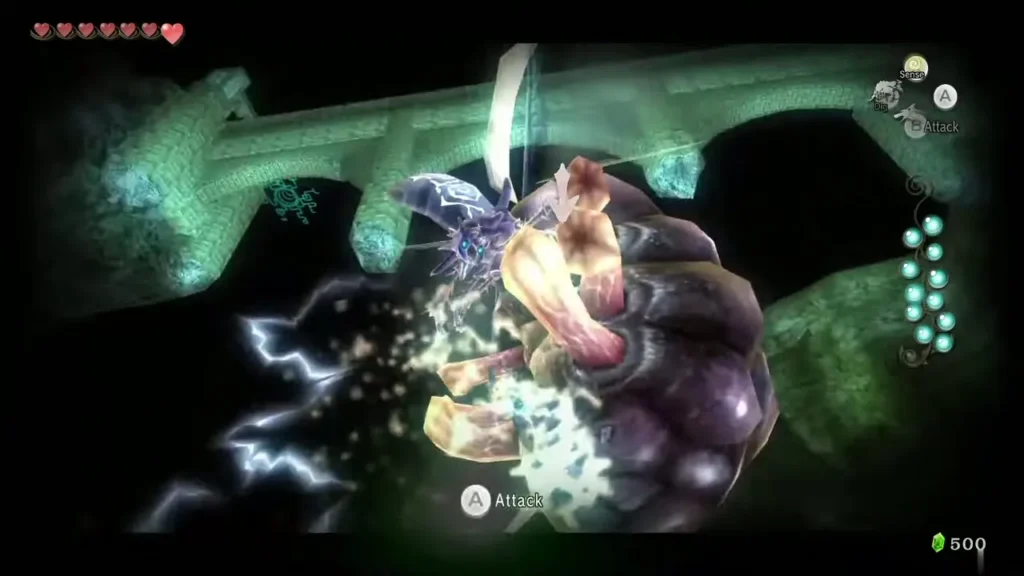 Midna's charge attack striking the Bloat with lightning sparks Midna's charge attack striking the Bloat with lightning sparks