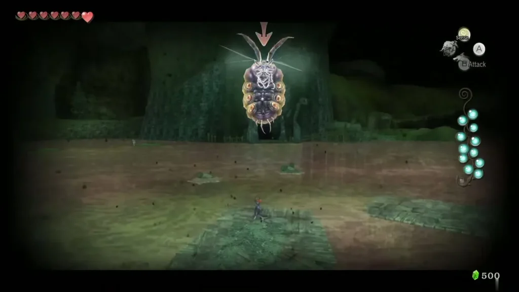 Twilit Bloat with an attack marker above it as it swoops over Wolf Link Twilit Bloat with an attack marker above it as it swoops over Wolf Link