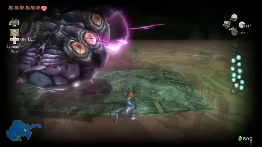 Twilit Bloat swooping toward Wolf Link, surrounded by purple lightning Twilit Bloat swooping toward Wolf Link, surrounded by purple lightning
