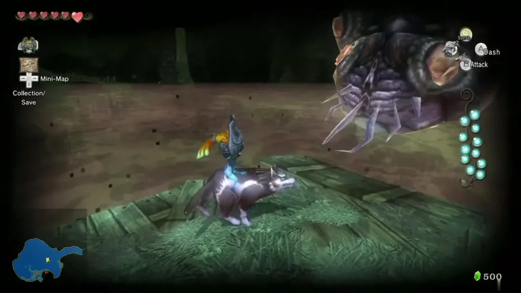 Wolf Link charging toward the Bloat's leg with Midna riding Wolf Link charging toward the Bloat's leg with Midna riding