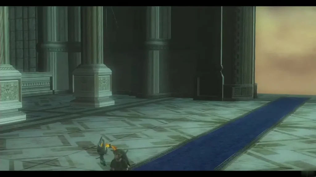 Link walking down the blue carpet of the Hyrule Castle hall Link walking down the blue carpet of the Hyrule Castle hall