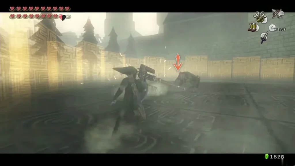 King Bulblin swinging his heavy weapon at Link across the castle courtyard King Bulblin swinging his heavy weapon at Link across the castle courtyard