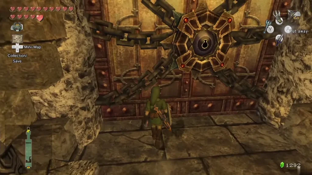 Link standing before the chained boss door of the Temple of Time Link standing before the chained boss door of the Temple of Time