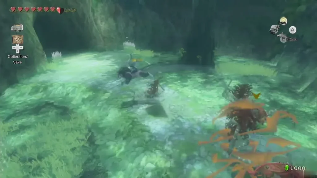 Link chasing a figure through the Sacred Grove past Puppets Link chasing a figure through the Sacred Grove past Puppets