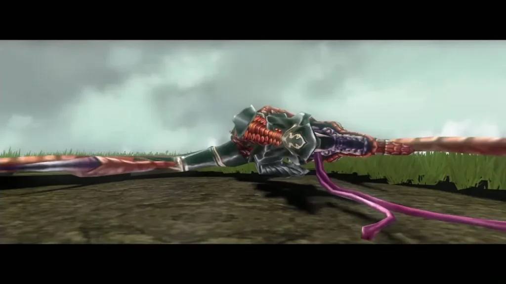 Clawshot hooked onto the tail of Argorok lying on the grass Clawshot hooked onto the tail of Argorok lying on the grass