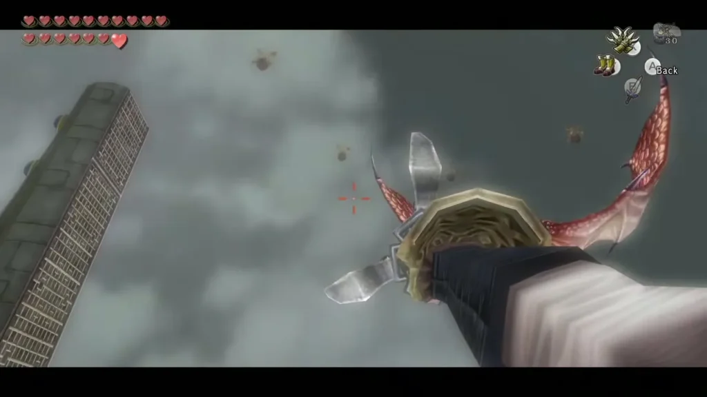 Link aiming the Clawshot at Argorok's tail as it flies past Link aiming the Clawshot at Argorok's tail as it flies past