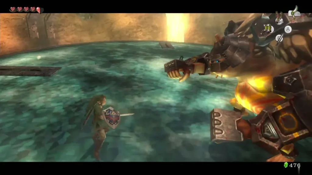 Dangoro winding up a punch while Link stands on the arena floor Dangoro winding up a punch while Link stands on the arena floor