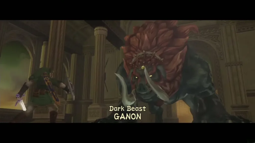 Dark Beast Ganon rearing up in the castle hall as Link readies his sword Dark Beast Ganon rearing up in the castle hall as Link readies his sword