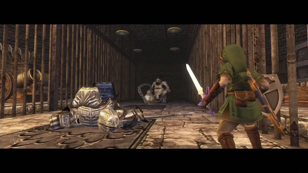 Link facing Darkhammer down a corridor lined with armored statues Link facing Darkhammer down a corridor lined with armored statues