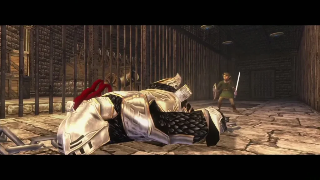 Darkhammer's armor collapsed on the floor as Link stands nearby Darkhammer's armor collapsed on the floor as Link stands nearby