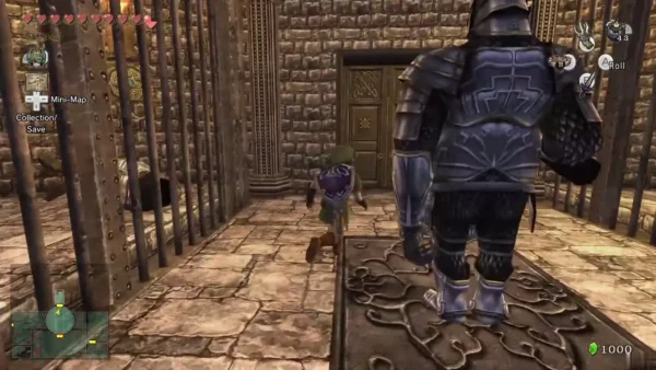 Darkhammer's armored bulk looming over Link in a barred stone corridor Darkhammer's armored bulk looming over Link in a barred stone corridor
