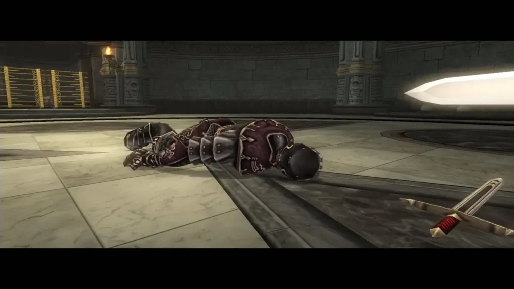 The defeated Darknut lying on the floor of the Temple of Time room The defeated Darknut lying on the floor of the Temple of Time room