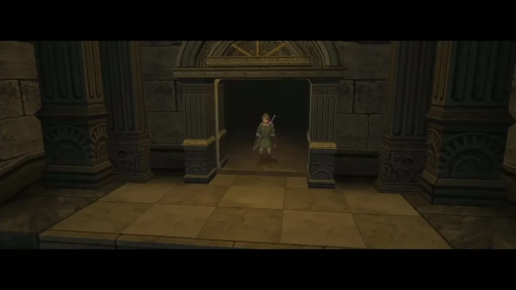 Link entering the dark Darknut room through a stone doorway Link entering the dark Darknut room through a stone doorway