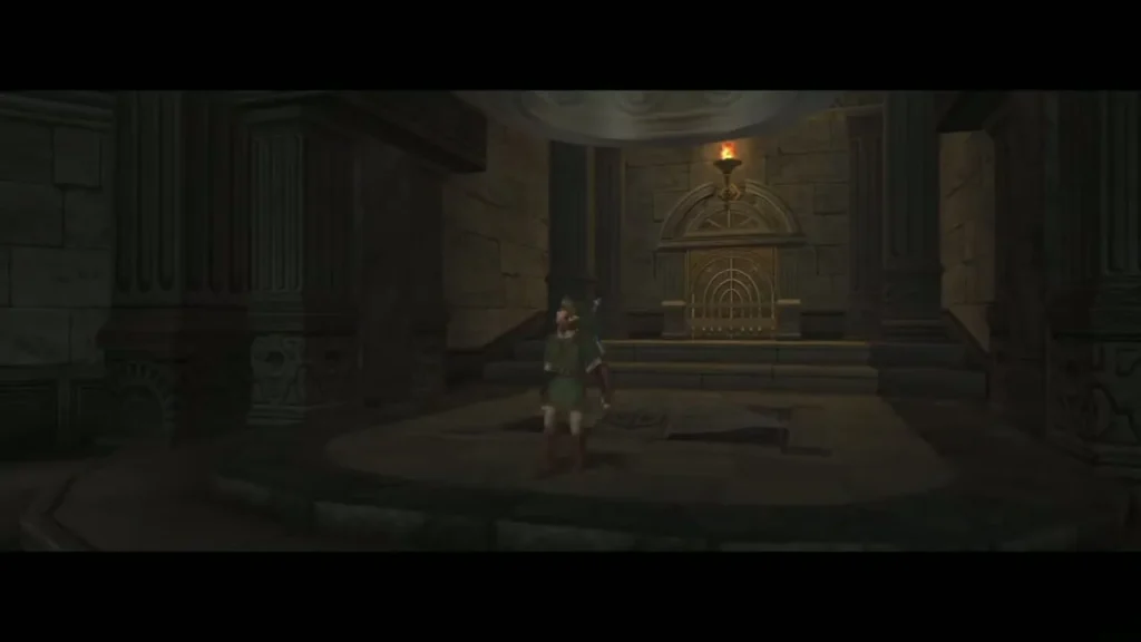 Link standing in the dark Darknut chamber before a golden gate Link standing in the dark Darknut chamber before a golden gate