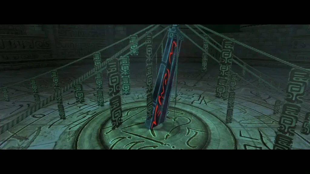 The giant Death Sword stuck upright in the arena, bound by ropes with charms The giant Death Sword stuck upright in the arena, bound by ropes with charms