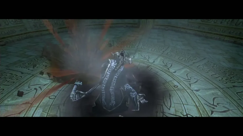 The Death Sword's wielder bursting apart in a flash of red light The Death Sword's wielder bursting apart in a flash of red light