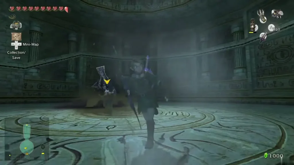 Link fighting the Death Sword in the arena with his sword drawn Link fighting the Death Sword in the arena with his sword drawn