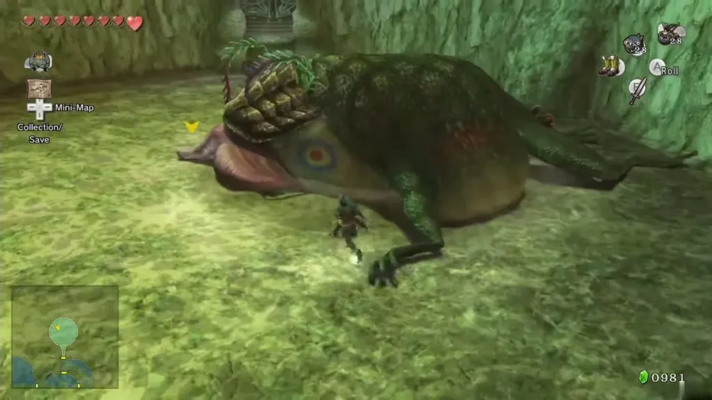 The Deku Toad sprawled on the arena floor with Link nearby The Deku Toad sprawled on the arena floor with Link nearby