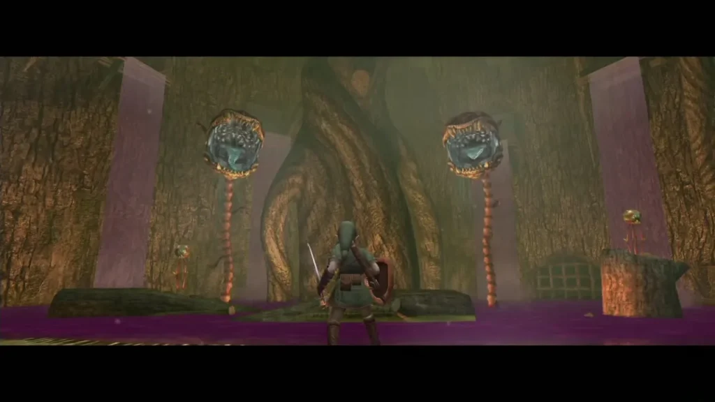 Link standing in the Diababa arena between two plant heads on stalks Link standing in the Diababa arena between two plant heads on stalks