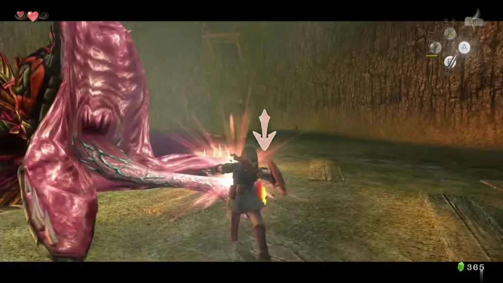 Link slashing the pink eye stalk of Diababa with his sword Link slashing the pink eye stalk of Diababa with his sword