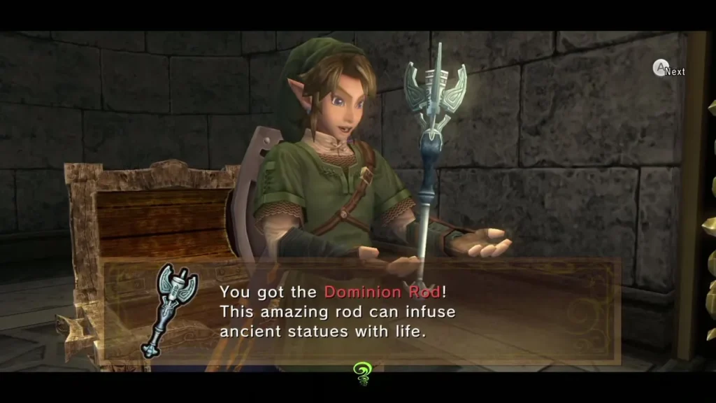 Link holding up the Dominion Rod with its name in the message box Link holding up the Dominion Rod with its name in the message box