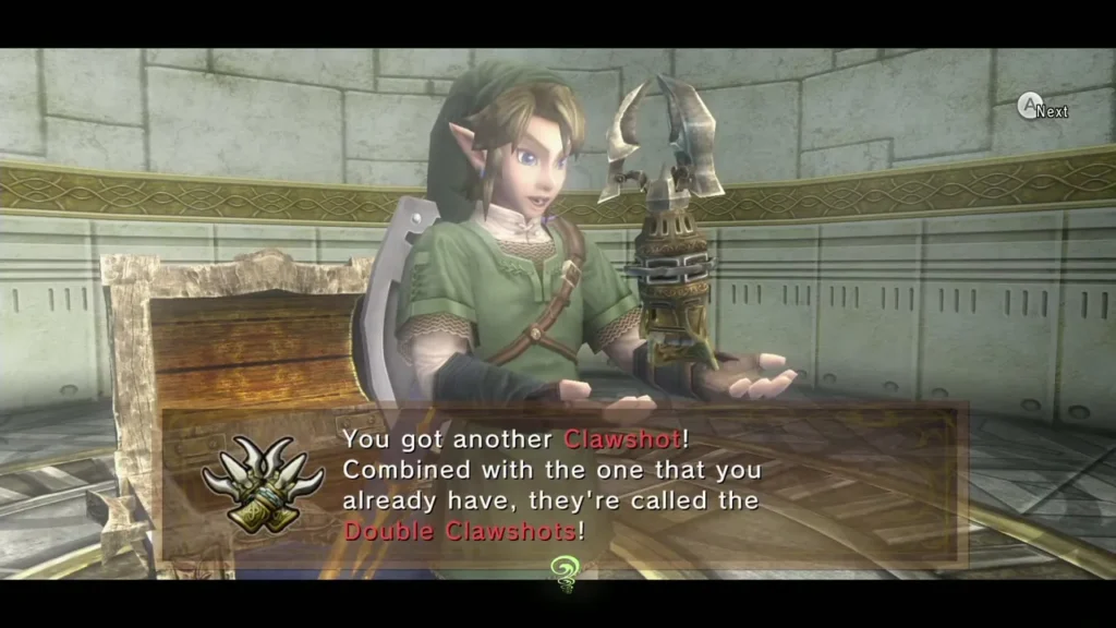 Link holding up the Double Clawshots with the name message box Link holding up the Double Clawshots with the name message box