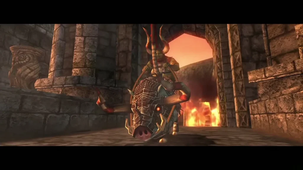 Link and the boar-riding King Bulblin passing each other on the bridge Link and the boar-riding King Bulblin passing each other on the bridge
