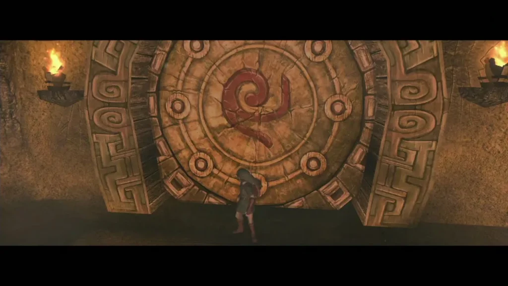 Link standing before the Forest Temple boss door with its red swirl emblem Link standing before the Forest Temple boss door with its red swirl emblem