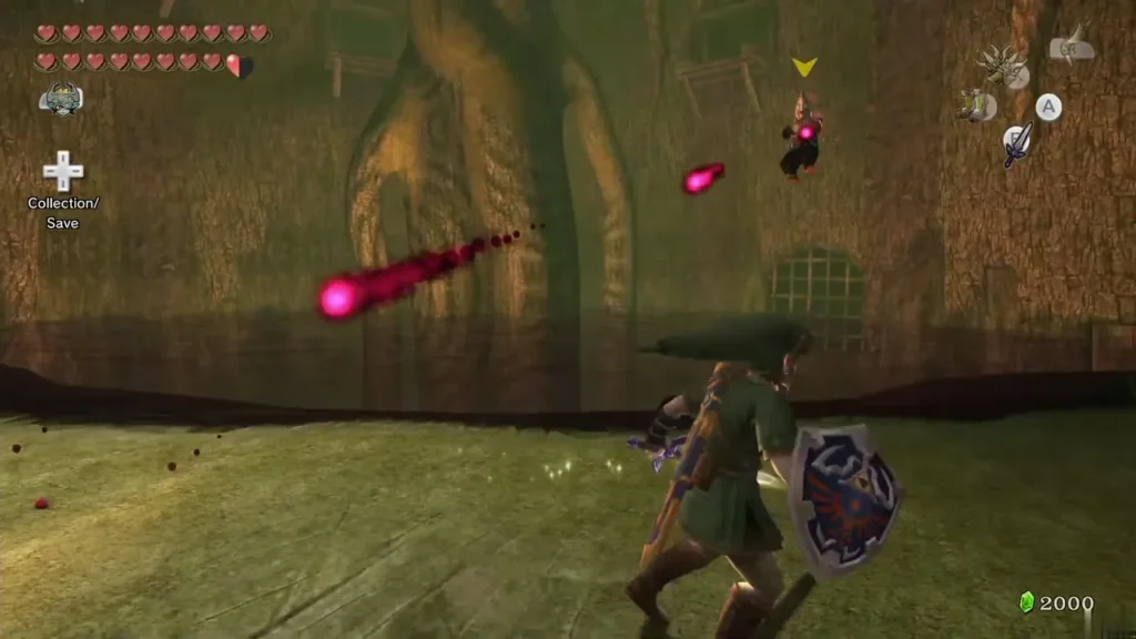 Link blocking pink energy bolts from Zant with the Hylian Shield Link blocking pink energy bolts from Zant with the Hylian Shield