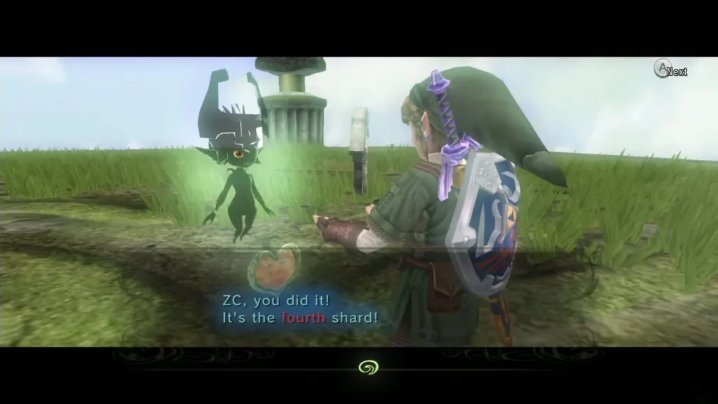 Link holding the fourth Mirror Shard as Midna speaks beside him Link holding the fourth Mirror Shard as Midna speaks beside him