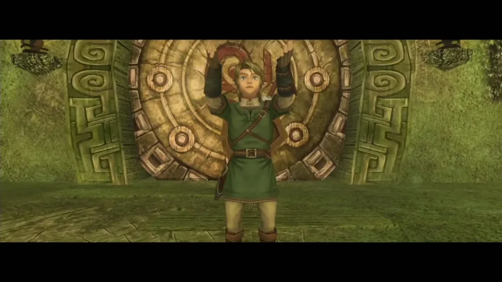 Link holding the first Fused Shadow aloft before a carved temple door Link holding the first Fused Shadow aloft before a carved temple door