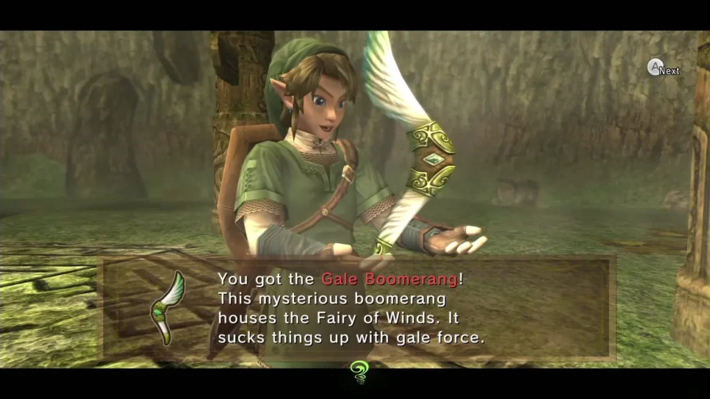 Link holding up the Gale Boomerang with its name in the message box Link holding up the Gale Boomerang with its name in the message box