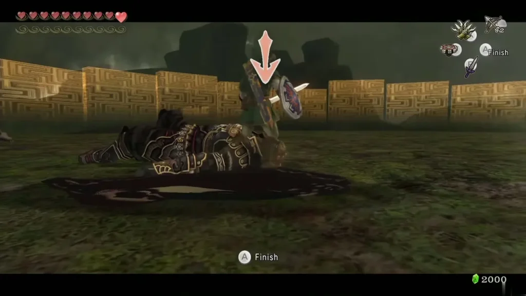 Ganondorf lying on the ground as Link prepares the Finish prompt for the Ending Blow Ganondorf lying on the ground as Link prepares the Finish prompt for the Ending Blow