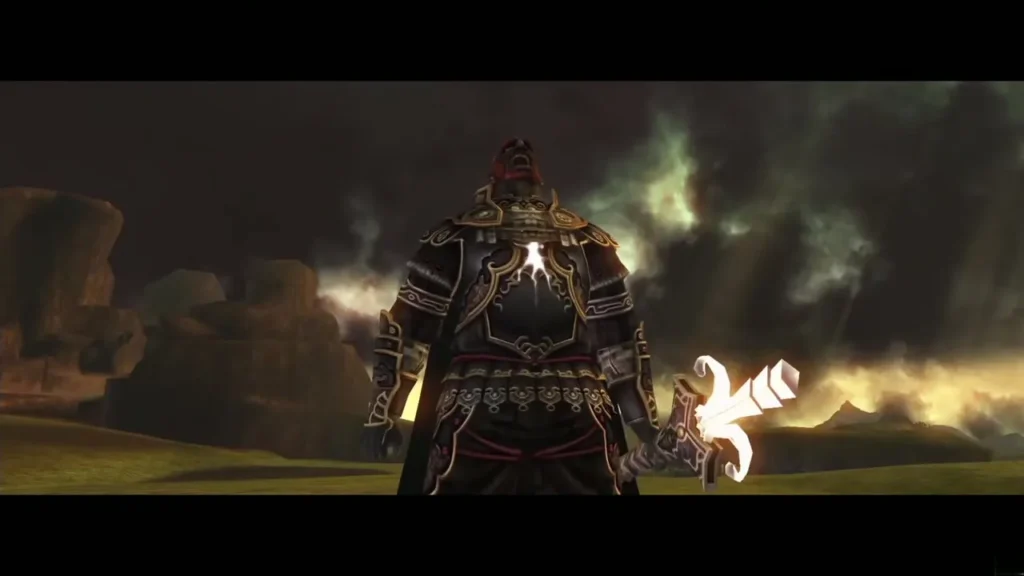 Ganondorf in dark armor with his sword glowing as he draws it Ganondorf in dark armor with his sword glowing as he draws it