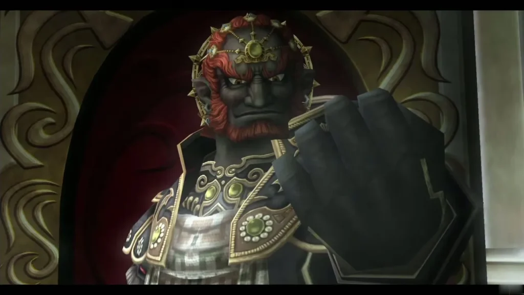 Ganondorf on his throne with a gloved hand raised, speaking to Link Ganondorf on his throne with a gloved hand raised, speaking to Link