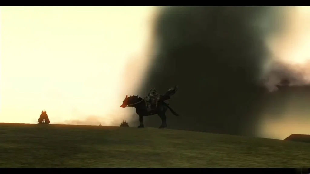 Ganondorf on horseback across Hyrule Field under a dark smoke-filled sky Ganondorf on horseback across Hyrule Field under a dark smoke-filled sky