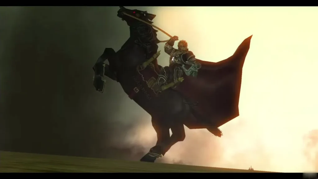 Ganondorf's black horse rearing against the smoky sky of Hyrule Field Ganondorf's black horse rearing against the smoky sky of Hyrule Field