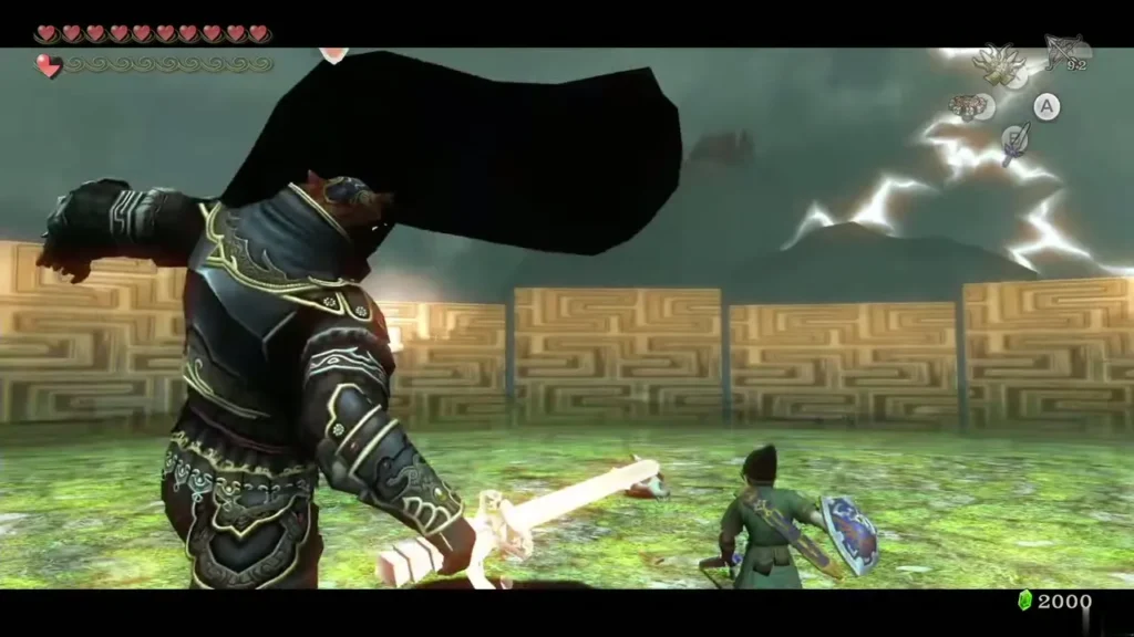Ganondorf lunging with lightning crackling behind him while Link stands ready with his shield Ganondorf lunging with lightning crackling behind him while Link stands ready with his shield